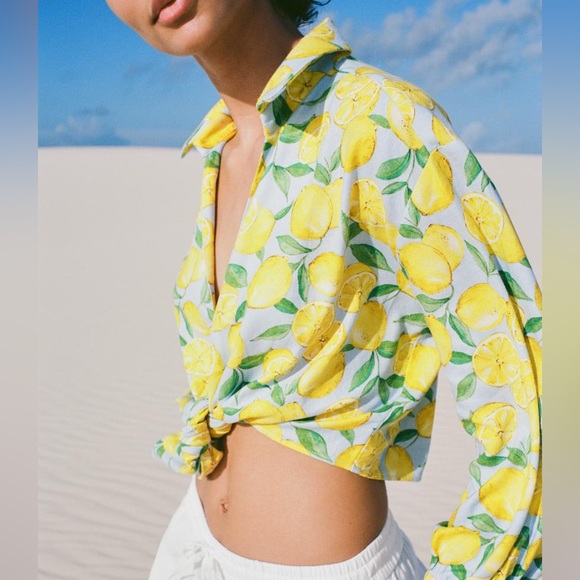 ZARA | Lemon 🍋 PRINTED LINEN CROPPED BLOUSE | Coord Set | Matching Shorts - Picture 3 of 17